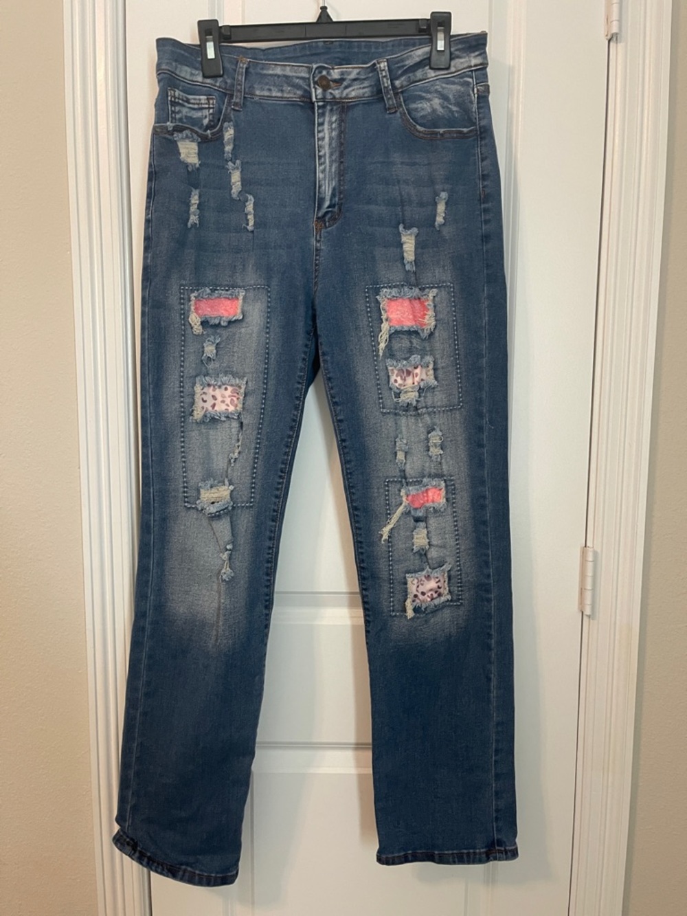 Straight Leg Dark Blue Jeans with Pink Patch Accents